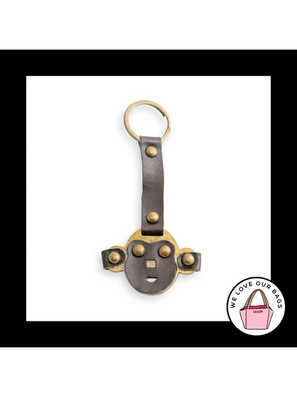 Rare KIPLING MONKEY FACE Brown Leather Brass Bag Charm Hang Tag Keychain Fob